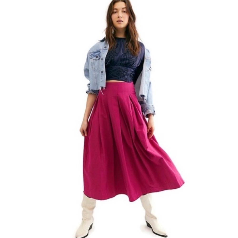 Free People Vibrant Magenta A-Line Pleated Skirt